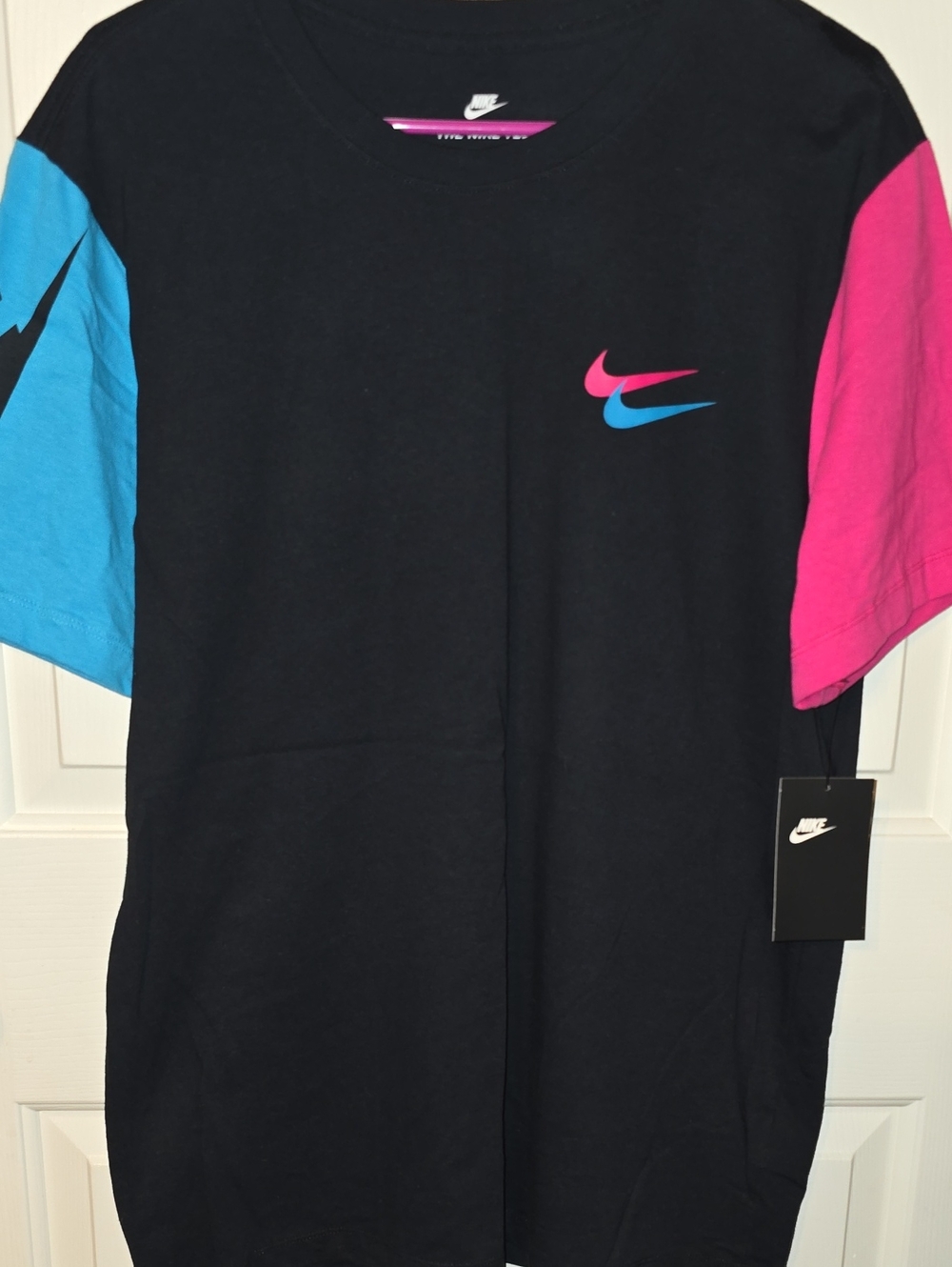 Nike Black T-Shirt with Pink & Blue Swooshes and Color-Block Sleeves